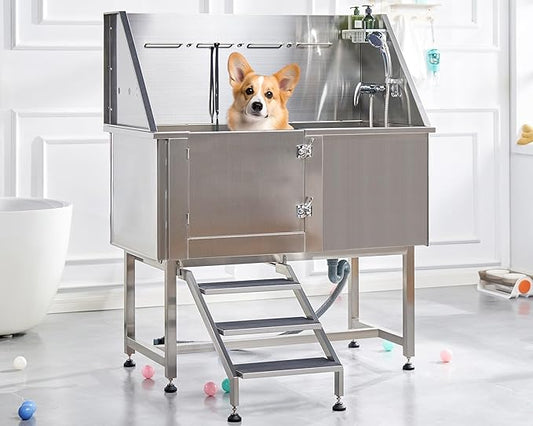 Albott 50-Inch Stainless Steel Dog Washing Station with Anti-Slip Steps, Sprayer, Faucet, and Soap Box – Professional Pet Bathtub for Medium/Small Pets, Ideal for Home, Garage, and Grooming(Left)-PawvioPets