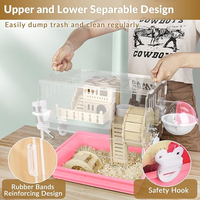 Cycodo 8 in 1 Acrylic Hamster Cage,2-Tier Dwarf Hamster Cage with Wooden Wheel & Hideout,Small Hamster Habitat with Accessories,Clear Pet Mice House(Pink,14" L*10" W*11" H)-PawvioPets