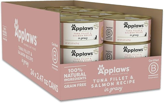Applaws Natural Wet Cat Food in Gravy, Limited Ingredient Canned Wet Cat Food, No Additives, Made with Natural Ingredients, Tuna Fillet with Salmon in Gravy (24 x 2.47oz Cans)-PawvioPets