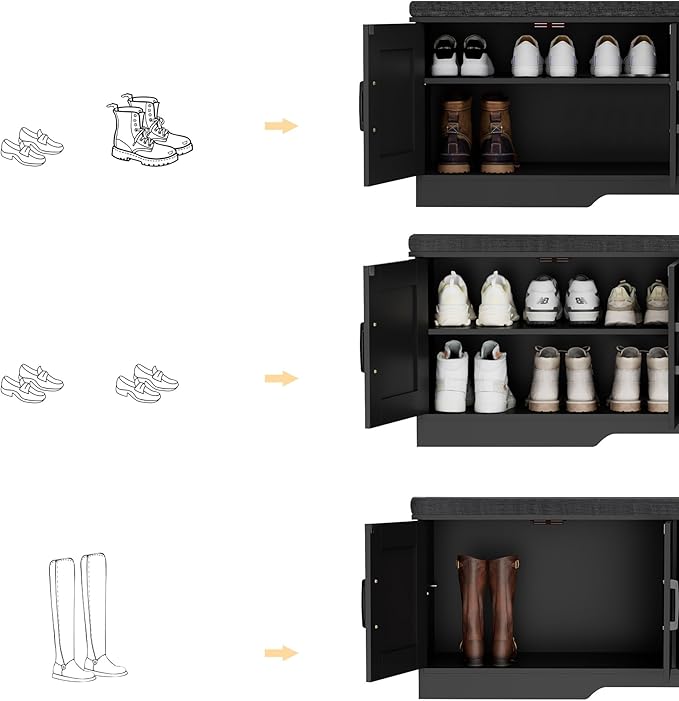 2-Tier Storage Bench, Shoe Bench with Padded Seat Cushion, Entryway Bench with 4 Barn Doors, Adjustable Shelf, 13.8" D x 47.2" W x 17.7" H, for Entryway, Living Room, Bedroom, Black-PawvioPets