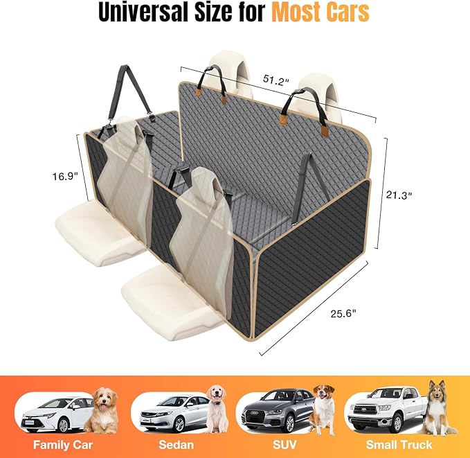 Dog Car Seat Cover for Back Seat, Dog Car Bed Cover with Strong Hard Bottom, Back Seat Extender Hammock for SUV Truck,4 Panels Gray Color-PawvioPets
