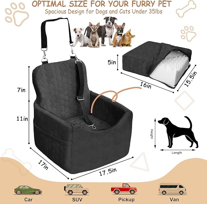 Dog Car Seat for Small/Medium Dogs - Dog Booster Seat with Safety Straps & Non-Slip Base, Travel Pet Car Seat with Storage Pockets, Washable & Removable, Suitable for Dogs Under 35 lbs (Black)-PawvioPets