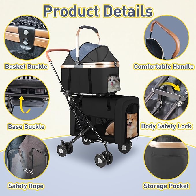 Double Pet Stroller for 2 Dogs or Cats, Folding Dog Stroller with 2 Detachable Carrier Bags, Safety Belt, 4 Lockable Wheels, Separate Compartments, for Multi-Pet Homes (Black)-PawvioPets
