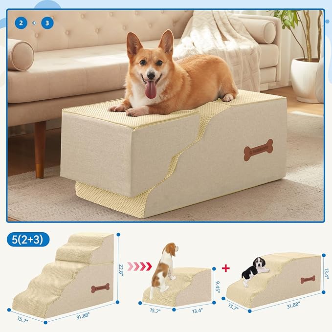 5-Step Spliceable Pet Stairs: Indoor& Outdoor Multi-Use with a Removable Cover and a Pocket, Best for Small Pets and Older Dogs Who Has Spine and Arthritis Issues to Get on High Beds, Beige（22.8" H）-PawvioPets