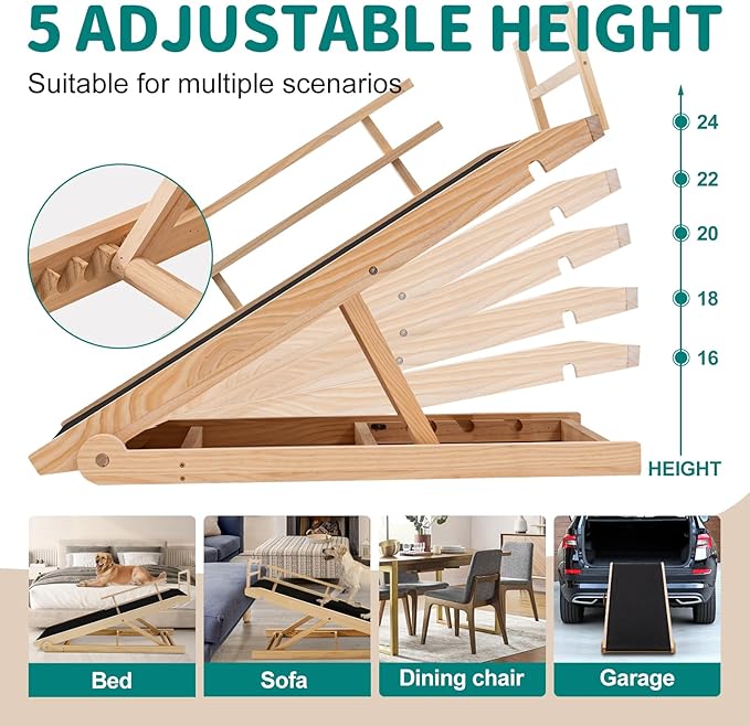 Dog Ramp for Bed, Adjustable Pet Ramps for Dog to Get on Bed, Non-Slip Rubber Surface - Folding Wooden Dog Ramp for Small/Large/Old Dogs, Adjustable up to 23.5 inch High Beds, Safety Railings-PawvioPets