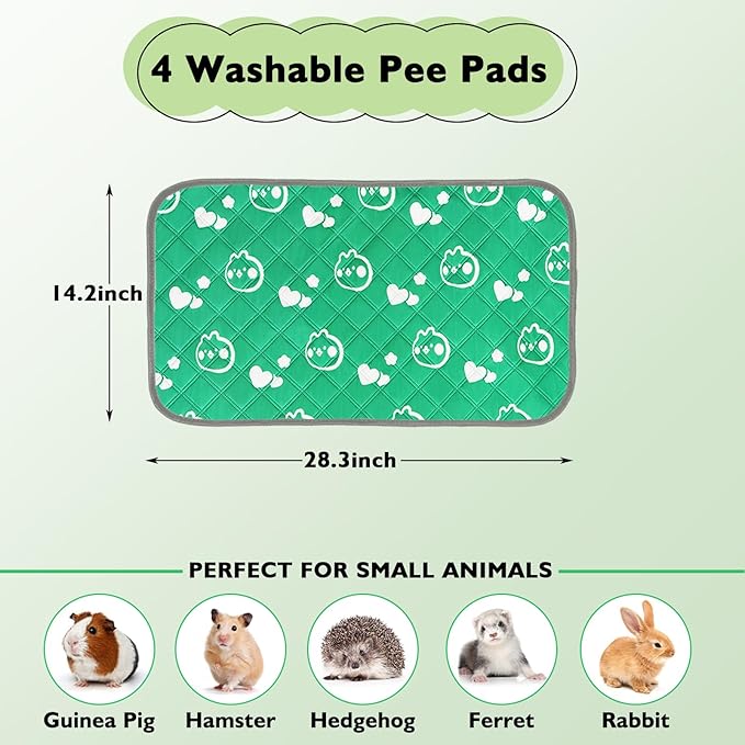 4 Pack Guinea Pig Bedding - Washable Guinea Pig Liners for C&C 2x1 Cage, Waterproof Reusable & Anti Slip Pee Pads Super Absorbent Mats for Small Animal Rabbit Hamster Rat (Green, 28 x 14 Inch)-PawvioPets