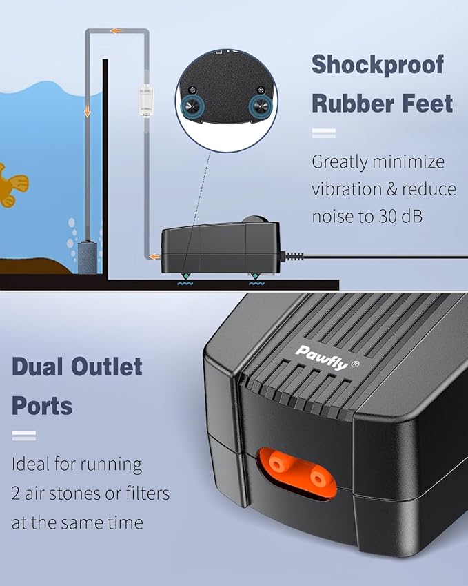 Pawfly Aquarium Air Pump Oxygen Pump for 10-200 Gallon Fish Tanks Buckets Dual Outlet Adjustable Ultra Quiet Aerator Pump with Accessories-PawvioPets