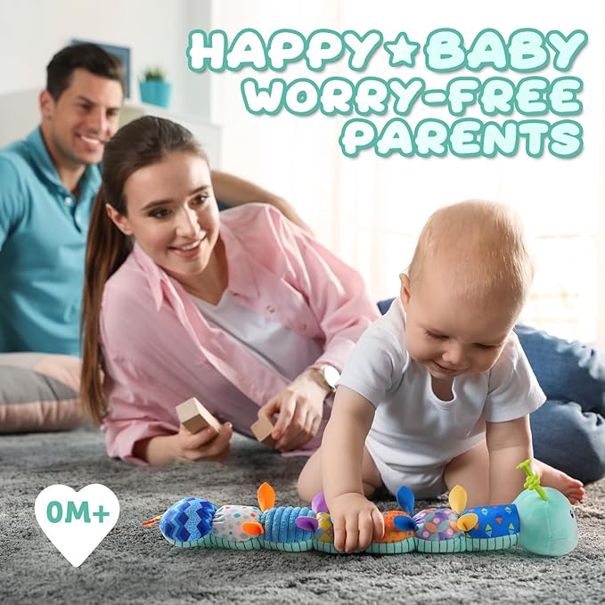 Baby Toys 0 to 12 Months, Musical Stuffed Animal Activity Soft Toy with Multi-Sensory Crinkle, Rattle and Textures, Infant Tummy Time Toys for Newborn Boys Girls, Caterpillar, Blue-PawvioPets