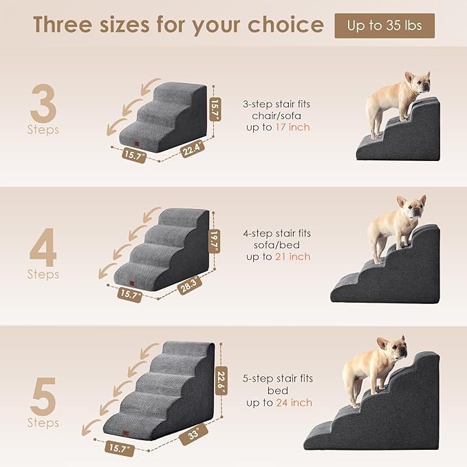 EHEYCIGA Curved Dog Stairs Ramp for Small Dogs 15.7" H, 3-Step Dog Steps for Couch Sofa and Chair, Pet Stairs for Cats, Non-Slip Balanced Pet Steps Indoor, Grey-PawvioPets