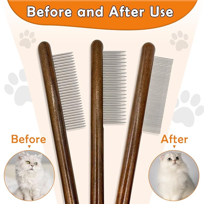 3 Pack Solid Wood Cat Combs, Stainless Steel Teeth for Cat Dog Rabbit Massage, Flea Lice Comb Removes Mats, Tangles and Loose Fur, Grooming Comb for Small Medium Pets-PawvioPets