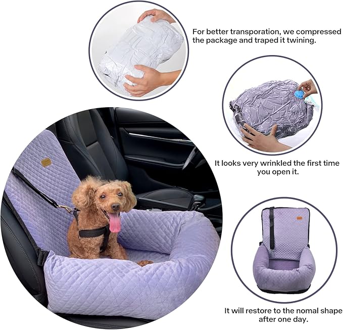 Dog Car Seat for Small Medium Dogs Up to 40lbs, Detachable Washable Soft Pet Booster Travel Bed for Front & Purple Seat with Safety Leash Belt-PawvioPets
