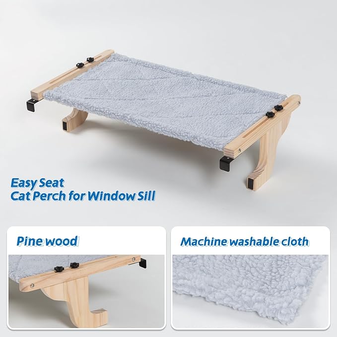Easy Seat Cat Perch for Window Sill - Hammock Design w/Pine Wood & Robust Metal Frame - Cat Window Seat for Large Cats and Kittens (Natural Color Wood w/Gray Bed, Medium (23''W x 14''D))-PawvioPets