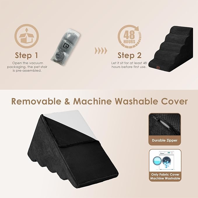 EHEYCIGA Curved Dog Stairs Ramp for High Beds, 5-Step Extra Wide Dog Steps for Small Dogs and Cats, Pet Stairs for High Bed Climbing, Non-Slip Balanced Pet Step Indoor, Black-PawvioPets