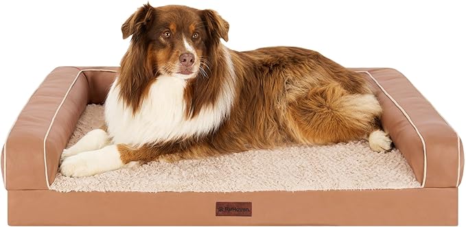 FurHaven Orthopedic Dog Sofa Bed – Memory Foam Couch with Bolsters, Textured Plush & Water-Resistant Cover, Washable Cover, Joint Support - Camel, Jumbo-PawvioPets