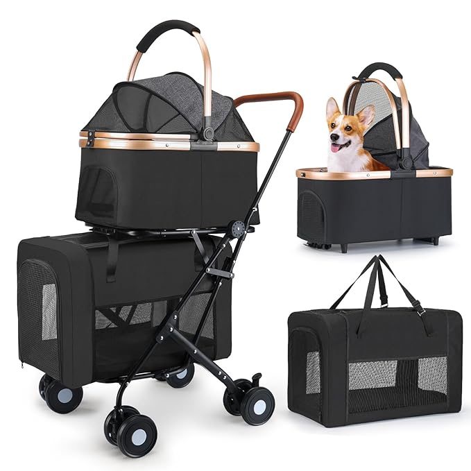 Double Pet Stroller for Small Medium Dogs - 4 In1 Dog Stroller for 2 Pets, Detachable and Foldable with 360°Rotating Wheels, Easy Assembly and Compact Size-PawvioPets