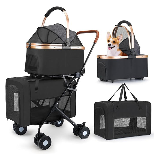 Double Pet Stroller for Small Medium Dogs - 4 In1 Dog Stroller for 2 Pets, Detachable and Foldable with 360°Rotating Wheels, Easy Assembly and Compact Size-PawvioPets