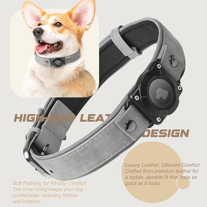 AirTag Dog Collar - Leather Dog Collar with Air Tag Holder | IPX8 Waterproof, Reflective, High - End, Adjustable Soft Padded | Dog GPS Tracker Collars Fit for Medium Large Dogs (Grey, XL)-PawvioPets