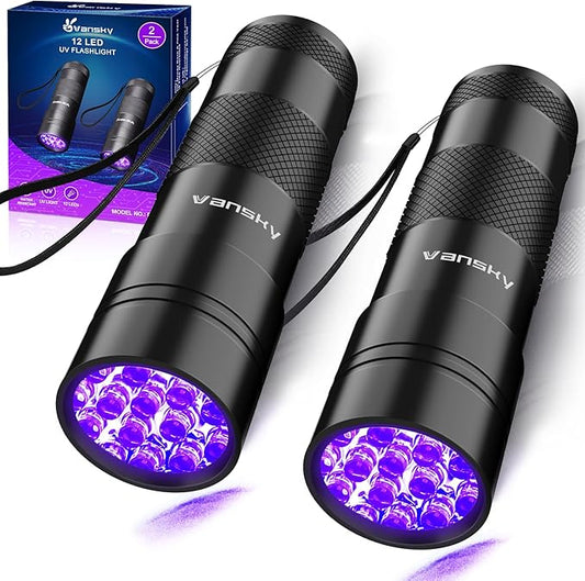 Black Light UV Light Flashlight: Vansky 395nm 12 LED 2 Pack Ultraviolet Blacklight Flashlight Mini Powerful Pet Urine Detector for Dog/Cat, Carpet Dry Stains Detection, Spot Scorpions, Resin Curing-PawvioPets