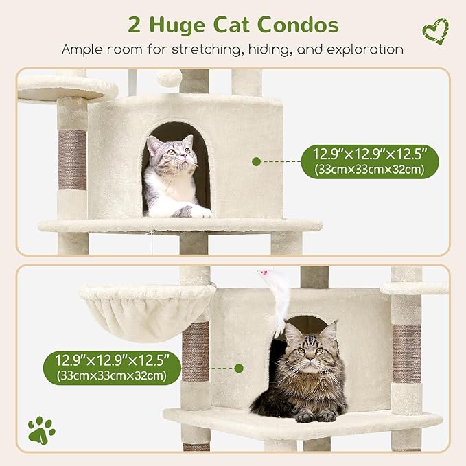 Globlazer Corner Cat Tree Tower for Large Cat, 66inch Tall Large Cat Tree Condo for Multiple Indoor Cats with 6 Scratching Posts, 2 Spacious Cat Condos, Soft Hammock, Hanging Basket, C66, Light Beige-PawvioPets