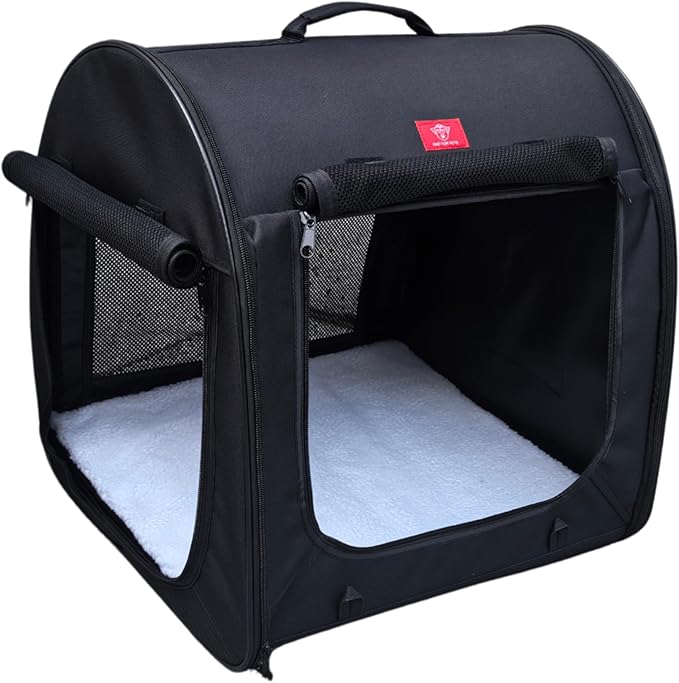 Fabric Portable Pet Kennel/Shelter, Single, Black 20"x20"x19.5" - Car Seat-Belt Fixture Included-PawvioPets