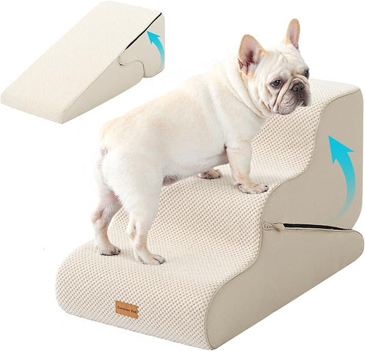 Gardner Pet Dog Stairs for Small Dogs 16.5" H, 2 in 1 Transformable 3-Step Pet Stairs and Dog Ramp for Couch (13-20 in), Beige Adjustable Pet Steps with Non-Slip Waterproof Cover and CertiPUR-US Foam-PawvioPets
