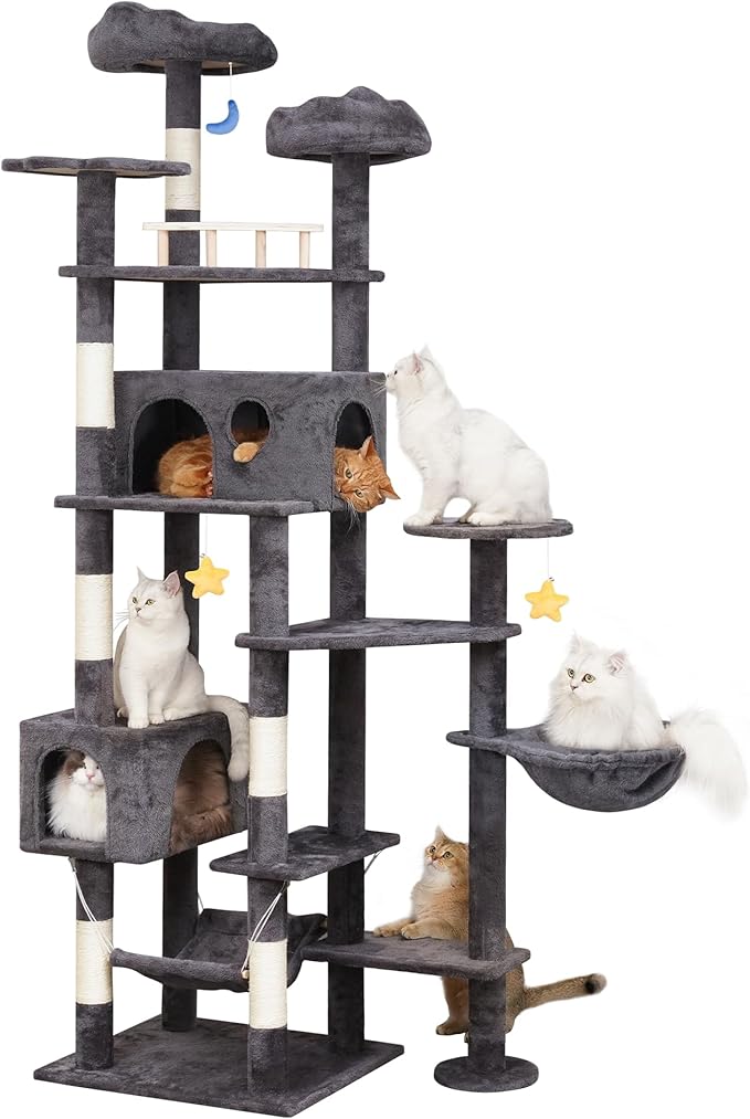 85in Giant Cat Tree for Heavy Duty Big Cats, Large Cat Trees with Scratching Post, Cat Tree Tower with Cat Condos, Hammock & Plush Perch for Maine Coon, Smoky Gray-PawvioPets