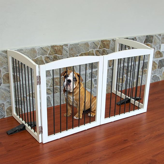 Freestanding Panel Dog Gate for Indoor, Doorways, Stairs, or Hallways - Foldable Wooden Pet Fence With Support Feet - 24" Height, 4 Panels, White-PawvioPets