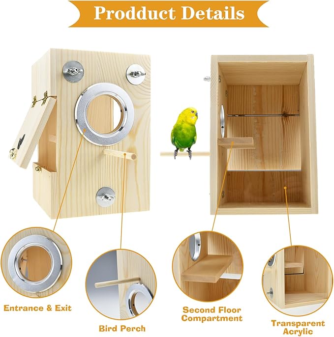 Bird Nest Box Parakeet Breeding Nest Box Bird Nest House Wooden Acrylic Transparent Breeding Box for Finch Lovebirds Cockatiel Budgie Conure Parrot-PawvioPets