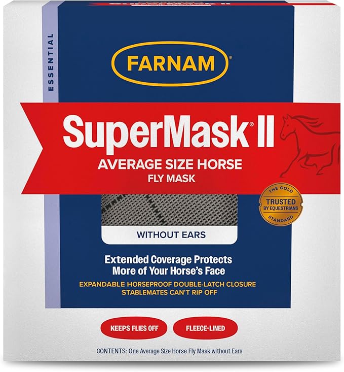 Farnam SuperMask II horse fly mask without ears, extended coverage, protects eyes from insects and debris, adjustable throat latch, Average Horse Size-PawvioPets