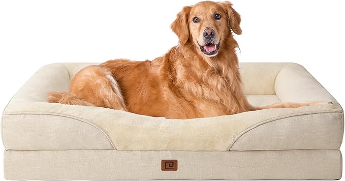 EHEYCIGA Memory Foam XL Dog Bed for XLarge Sized, Extra Large Orthopedic Dog Sofa with Sides and Waterproof Liner, Washable Bolster Pet Bed Couch with Removable Cover, 42x30x7.5 Inch, Beige-PawvioPets
