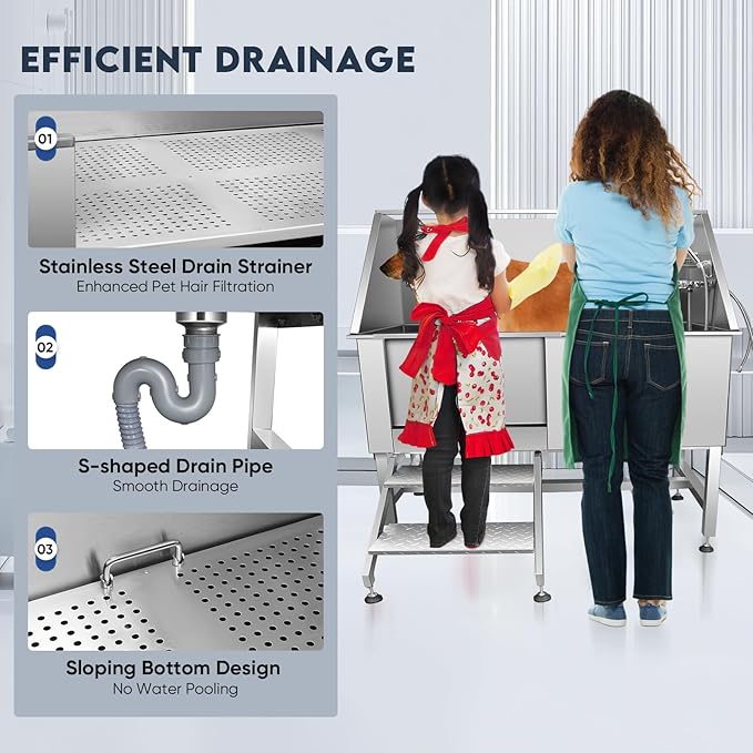Dog Bathtub XL Professional 62inch Dog Washing Station Stainless Steel Pet Grooming Tub for Extra Large Dogs Wash Tub, Medium, Small Dogs Cats with Left Sliding Doors, Steps, Right Faucets-PawvioPets