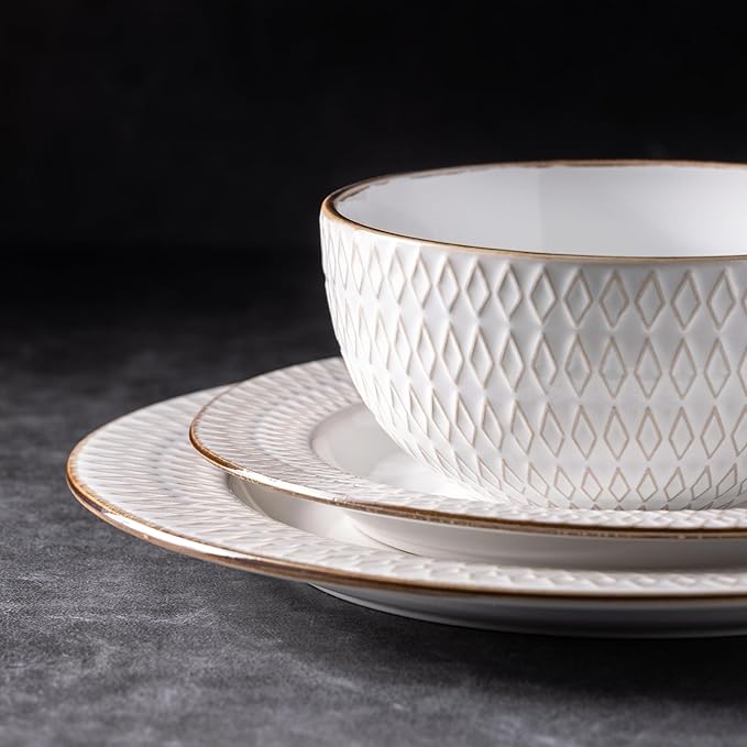 GBHOME Ceramic Dinnerware Sets, 24 pcs Embossed Elegant Stoneware Plates and Bowls Sets, Housewarming Wedding Gift | Dishwasher & Microwave Safe | Dishes Set Service for 8-PawvioPets