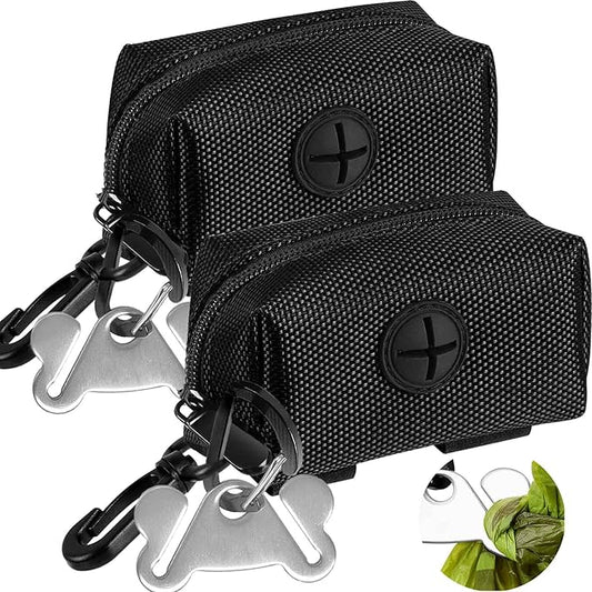 Dog Waste Bag Dispenser Pet Poop Bags Holder for Doggie Waste Bags Dispensers Soft Fabric Zipper Small Doggy Puppy Pouch for Leash Accessory Attachment with Carrier,2PCS Black-PawvioPets