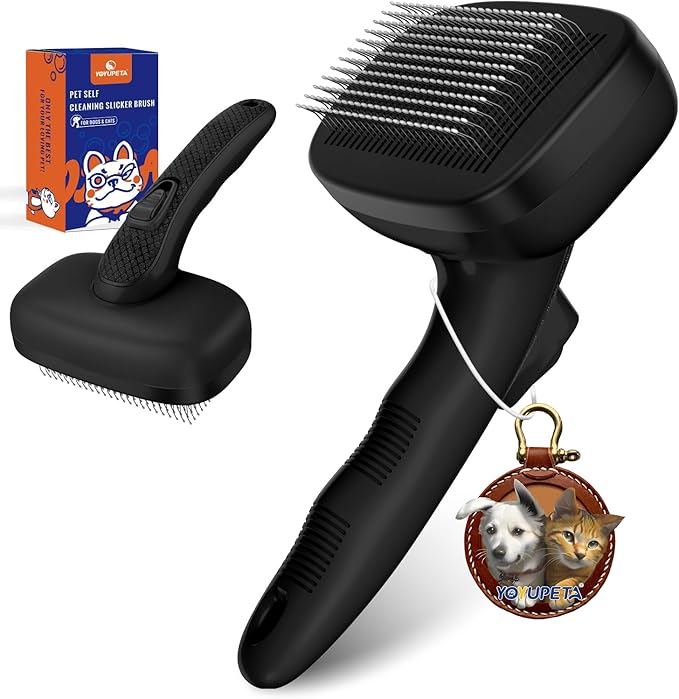 Dog Self Cleaning Slicker Brush for Shedding, Ideal for Short Long Haired Dogs, Including Cat. Removes Loose Fur, Undercoat, Mats, Tangled Hair. Suit for Large Medium Small Animal, Black-PawvioPets