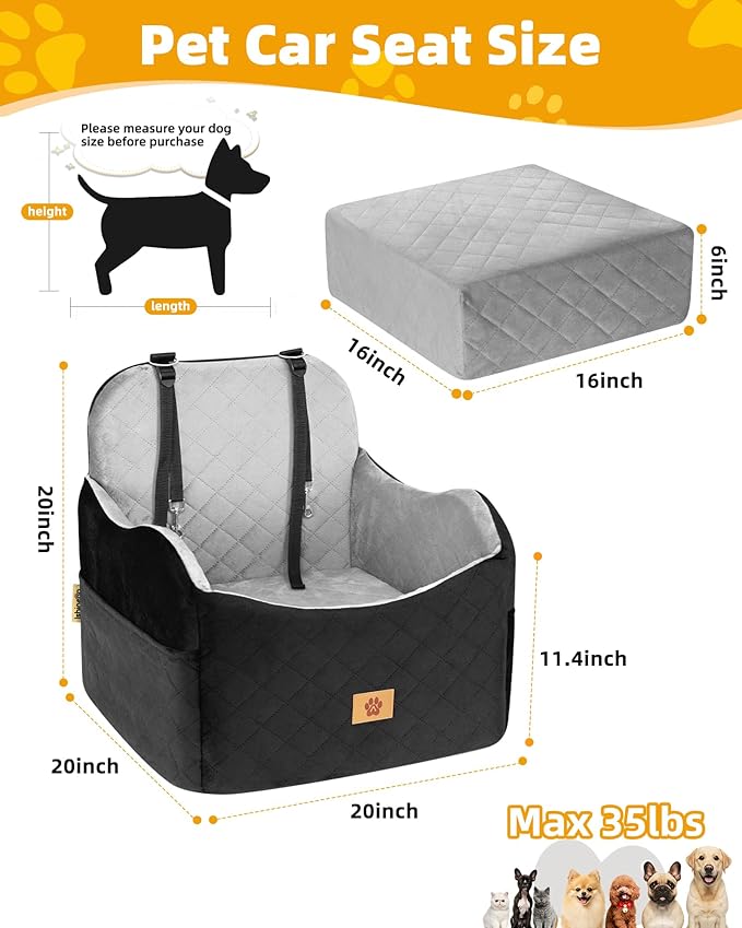Car Seat Booster for Dog: High-Support Memory Foam Pet Car Seat for Small/Medium Dogs Under 35lbs with Elevated Cushion, Pockets - Detachable Washable Puppy Travel Bed for Driving(Black/Grey)-PawvioPets