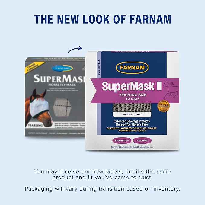 Farnam SuperMask II horse fly mask without ears, extended coverage, protects eyes from insects and debris, adjustable throat latch, Yearling size-PawvioPets