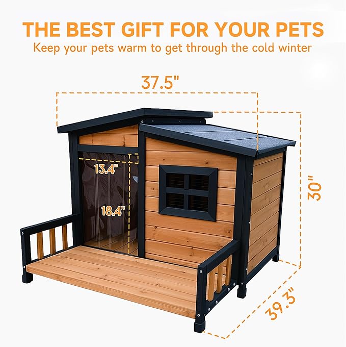 GARWOOD Large Outdoor Indoor Wooden Dog House for Small Large Dog Kennel Wood Sturdy Pet Puppy Warm Home with Durable Weatherproof Asphalt Roof Insulated Elevated Floor Outside Shelter Brown 39x37x30“-PawvioPets