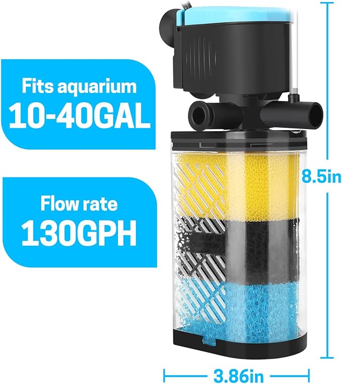 AquaMiracle Aquarium Filter 3-Stage in-Tank Filter Internal Fish Tank Filter Turtle Filter for 10-40 Gallon Fish Tanks with Dual Water Outlet & Aeration-PawvioPets