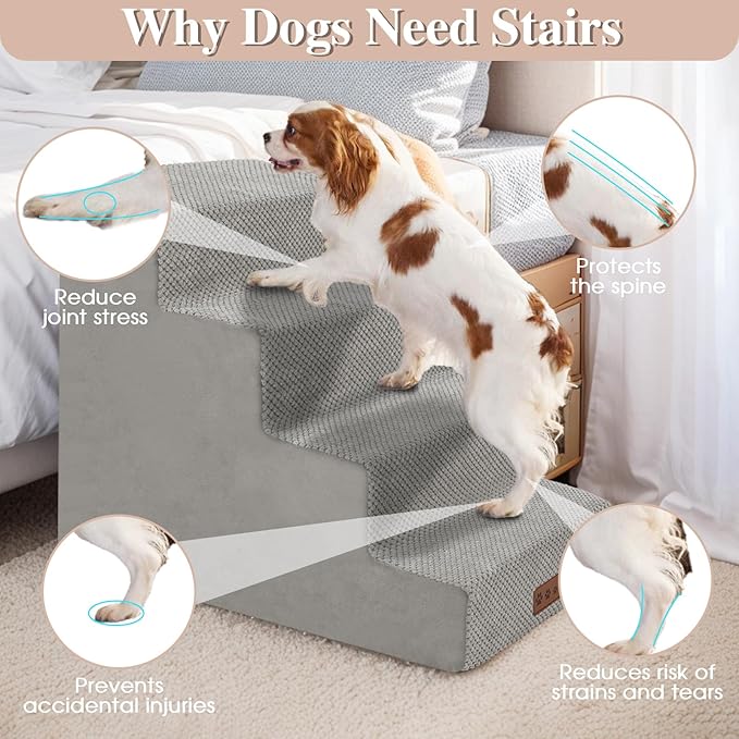 GGIB Non-Slip Pet Stairs for Small Dogs & Cats - 4-Step, Removable Washable Cover, Light Grey, 17" H-PawvioPets