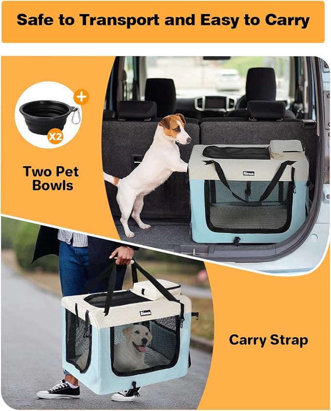 Extra Large Dog Crate with 2 Foldable Bowl, 36 Inch Collapsible Travel Dog Crate Kennel with Soft Blanket for Medium Dogs,Indoor & Outdoor (36" L x 25" W x 25" H, Blue)-PawvioPets