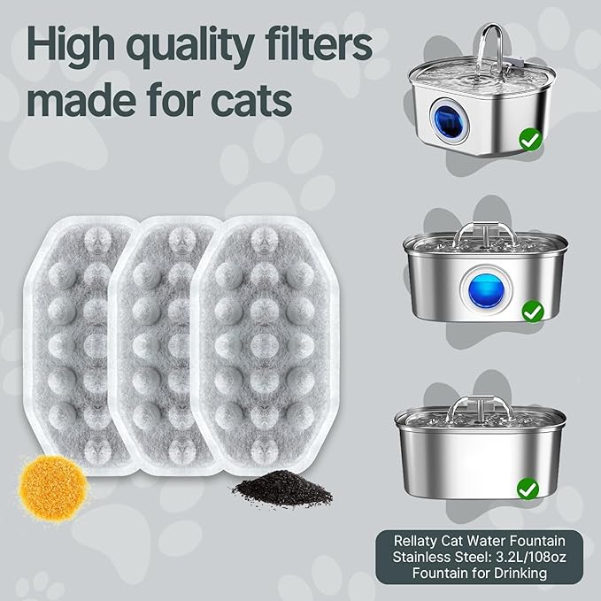 24 Pcs Cat Water Fountain Filters,12 Pack Cat Water Fountain Replacement Filters & 12 Pack Pre-Filter Sponges,Fountain Filter Replacement for Rellaty and Neareal 108oz/3.2L Pet Stainless Fountain-PawvioPets