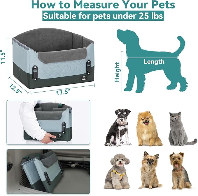 A 4 Pet Dog Car Seats for Small Dogs, Booster Car Seat with Patent Buckles & Clip-On Safety Leash, Pet Seat for Puppy Small Dogs Cats Under 25 Lbs, Green-PawvioPets