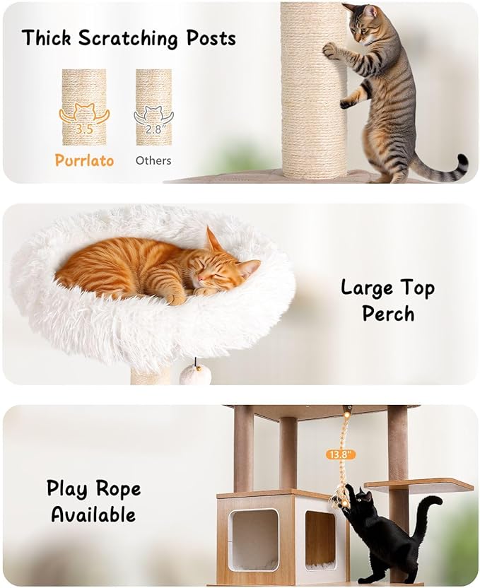61" Wooden Cat Tree Tower for Indoor Cats, Luxury Modern Wooden Tower with XL Plush Lounge, Hammock & Scratching Posts for Maine Coon 20 lbs-PawvioPets