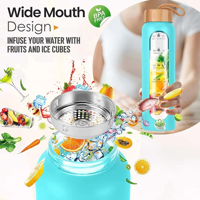 Aqulea Glass Water Bottles 32 Oz with Silicone Sleeve - BPA Free Reusable Wide Mouth Glass Motivational Water Bottles with Fruit Infuser – Leak Proof Borosilicate Water Bottle with Time Marker (Teal)-PawvioPets