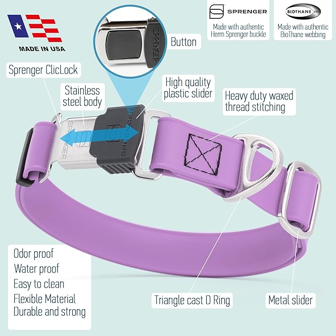 Dogline Biothane Waterproof Dog Collar with Herm Sprenger Black Stainless Steel Quick Release Buckle – Heavy Duty Tactical Durable Collar for Dogs – Comfortable, Safe Pet Collar W 1" L 15-25" Amethyst-PawvioPets