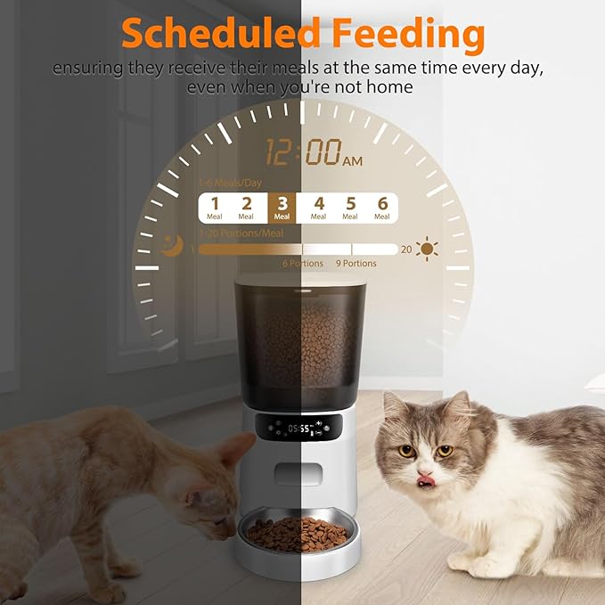 Automatic Cat Feeder, Cat Food Dispenser with Stainless Steel Bowl, Timed Portion Control 20 Portions 6 Meals Per Day, Voice Recorder, Dual Power Supply for Small Dogs (White)-PawvioPets