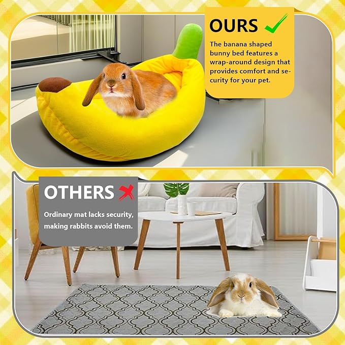 Bunny Bed,Rabbit Bed,Thick&Soft with Removable Mat,Machine Washable Guinea Pig Cushion,Cozy Bunny Plush House,Warm Small Animal Sleeping Beds(Yellow Banana Shape-M)-PawvioPets