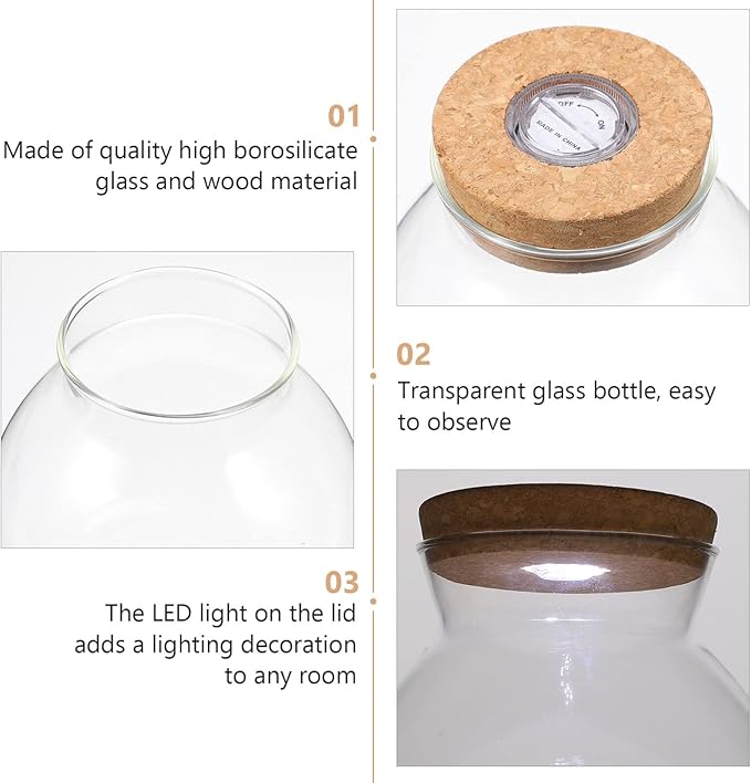 Fish Bowl with LED Light - Small Betta Fish Tank with LED Lighting and Lid Glass Fish Bowl Small Aquarium Glass Terrarium Container Bottle for DIY Landscape, Home Decor-PawvioPets