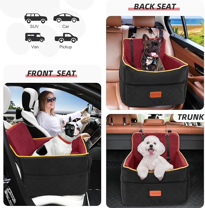 Dog Car Seat for Small Medium Dogs, Memory Foam Puppy Dog Booster Seat with Thick Cushion for Dogs Under 35lbs, Detachable Washable Pet Car Seat Travel Bed with Storage Pockets,2 Safety Belts-PawvioPets