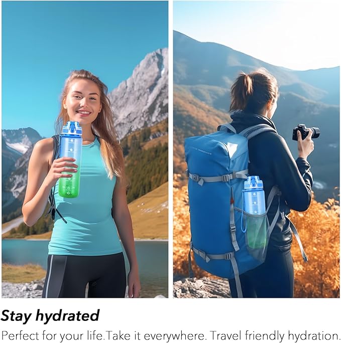 32oz Motivational Water Bottles with Time Marker & Fruit Strainer, Transparent Gradient Color Water Bottle with Times to Drink, Leakproof & BPA Free, Reusable Bottle with Strap (No Straw)-PawvioPets